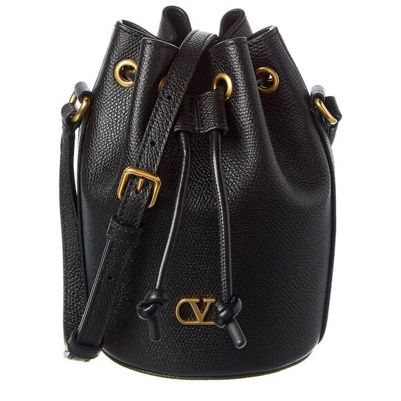 Valentino Vlogo Grainy Leather Bucket Bag Black